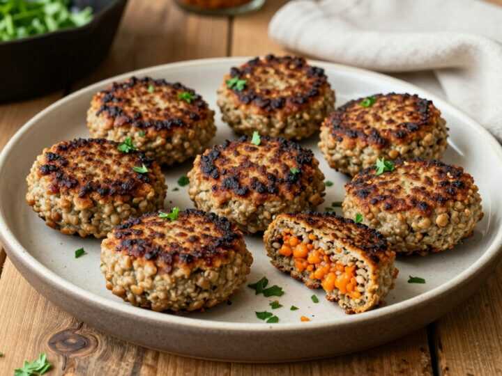 Vegane Buletten aus roten Linsen: 250 g Linsen, acht Stück, ohne Ei gebunden!