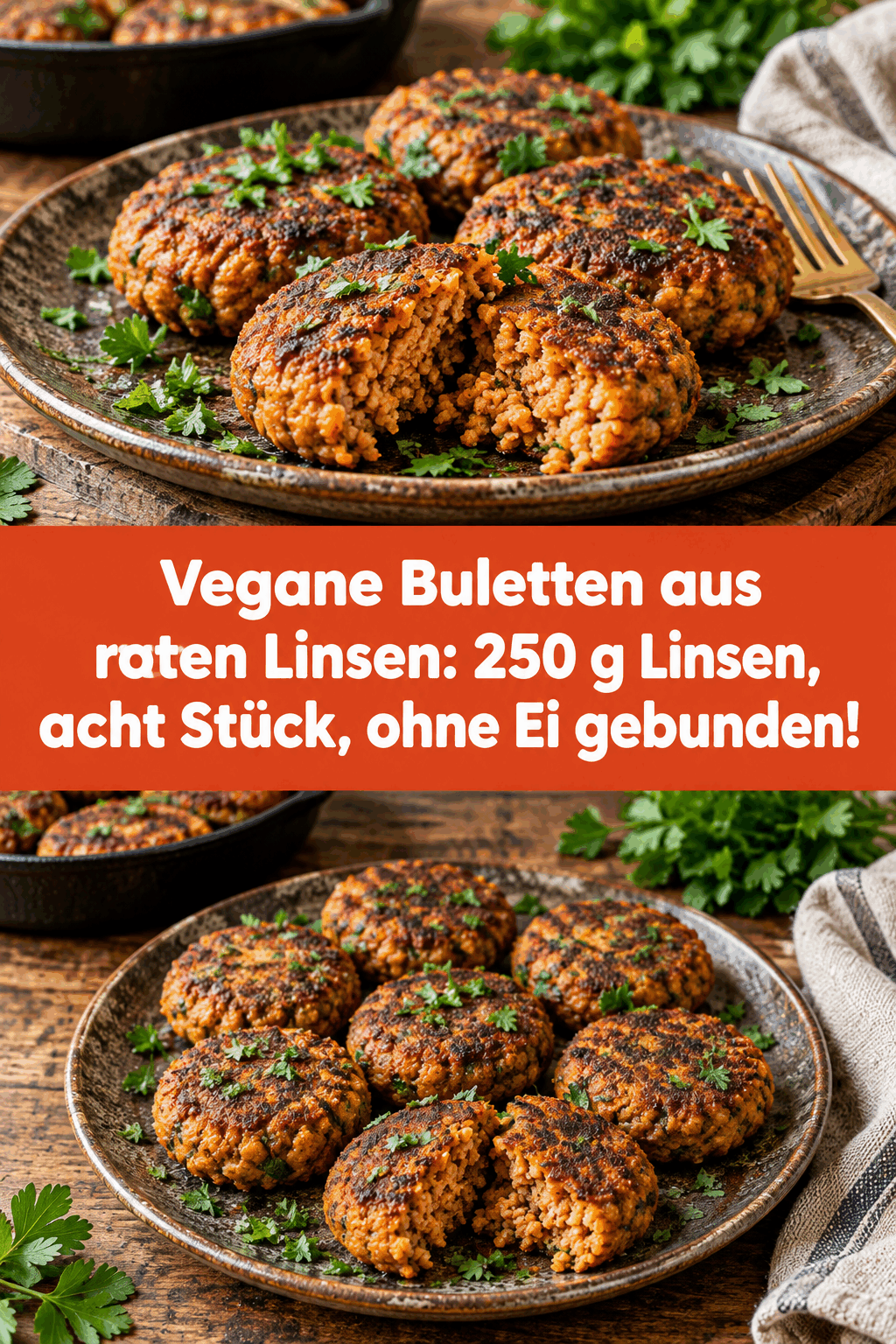 Vegane Buletten aus roten Linsen: 250 g Linsen, acht Stück, ohne Ei gebunden!