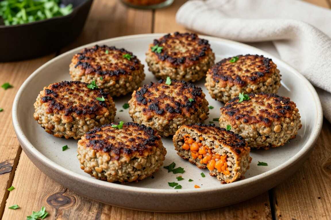 Vegane Buletten aus roten Linsen: 250 g Linsen, acht Stück, ohne Ei gebunden!