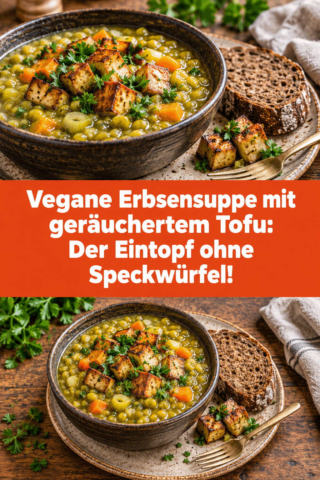 Vegane Erbsensuppe mit geräuchertem Tofu: Der Eintopf ohne Speckwürfel!