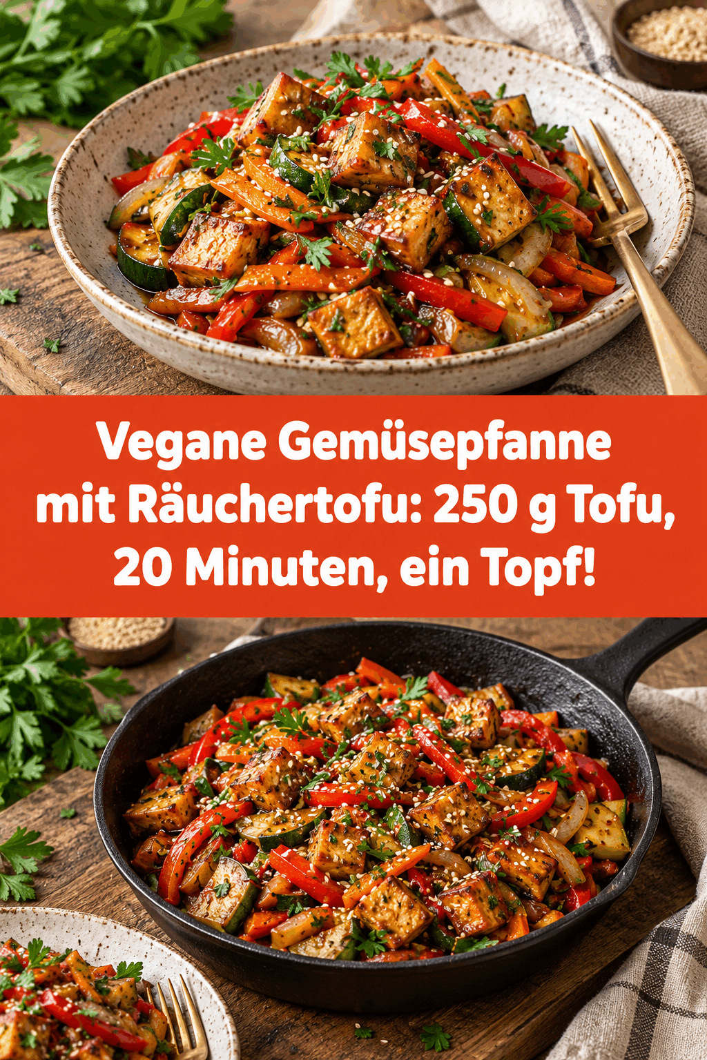 Vegane Gemüsepfanne mit Räuchertofu: 250 g Tofu, 20 Minuten, ein Topf!