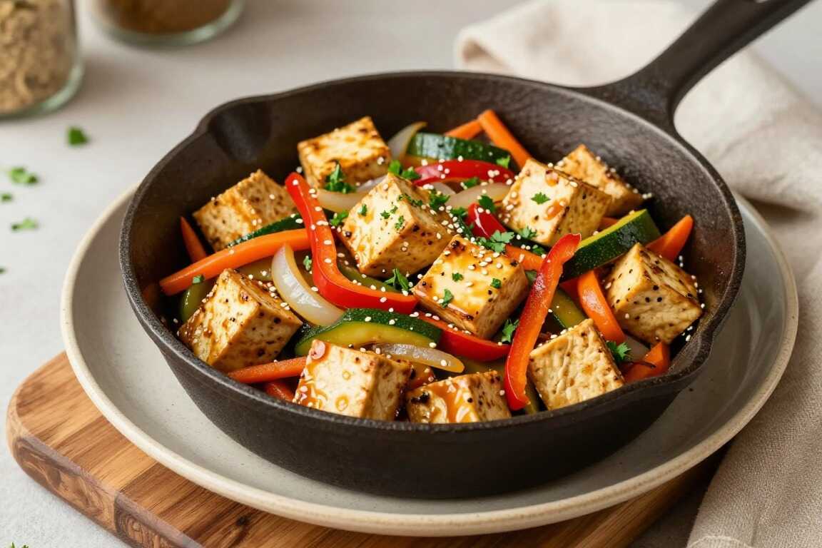 Vegane Gemüsepfanne mit Räuchertofu: 250 g Tofu, 20 Minuten, ein Topf!