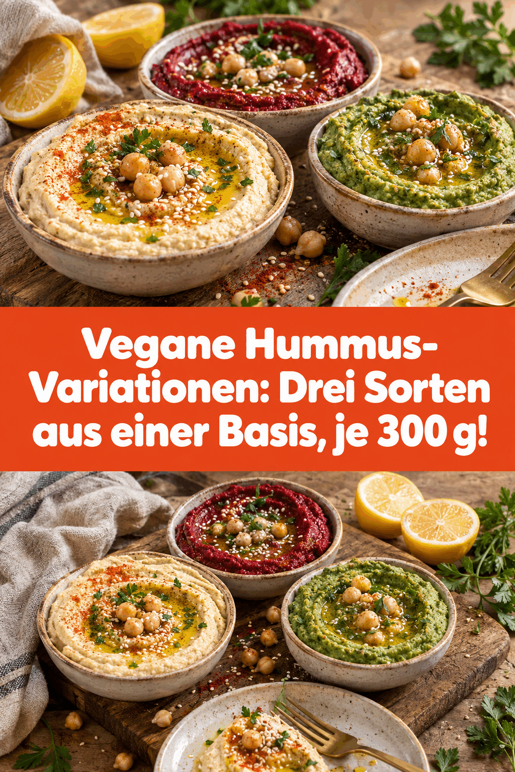 Vegane Hummus-Variationen: Drei Sorten aus einer Basis, je 300 g!