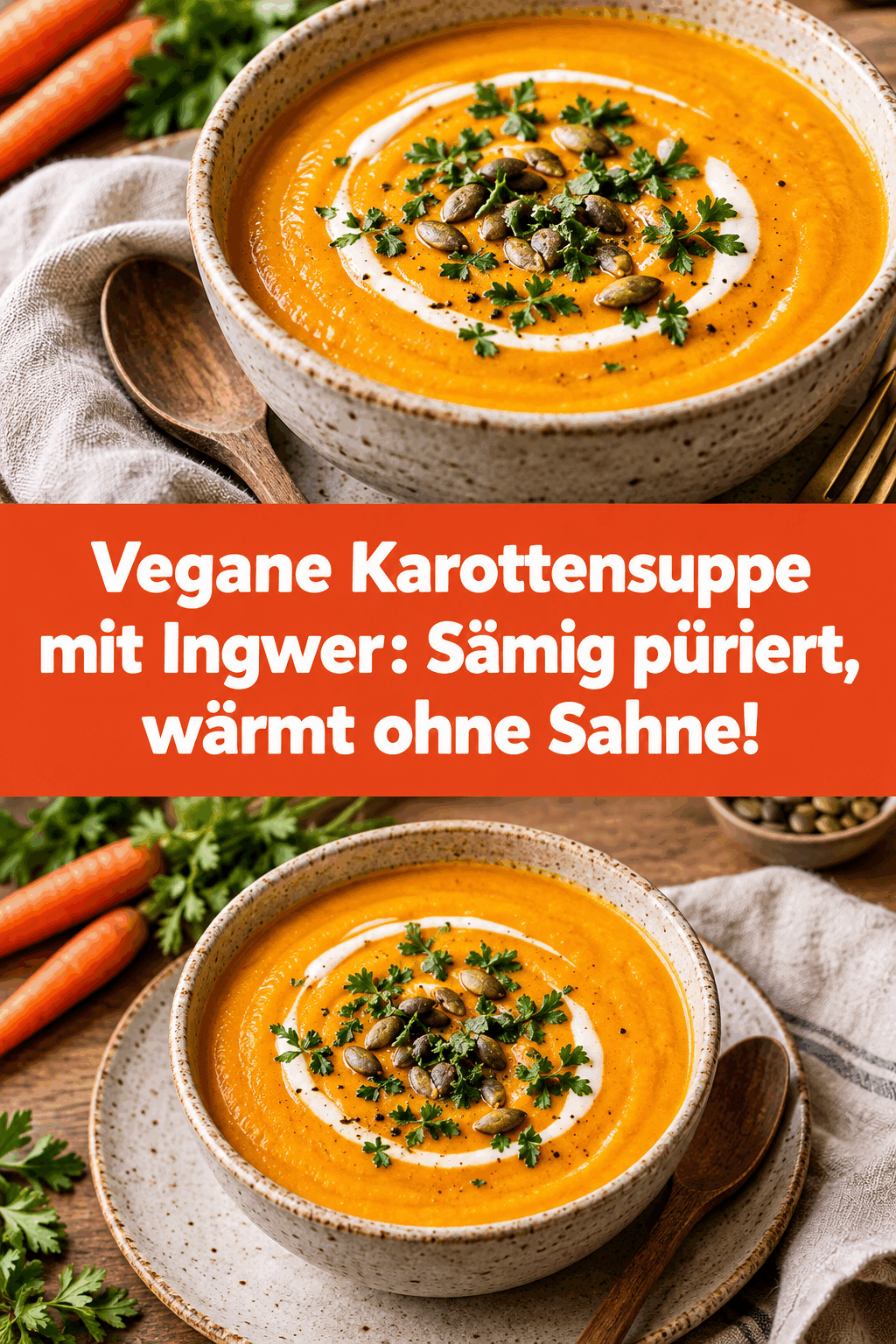 Vegane Karottensuppe mit Ingwer: Sämig püriert, wärmt ohne Sahne!