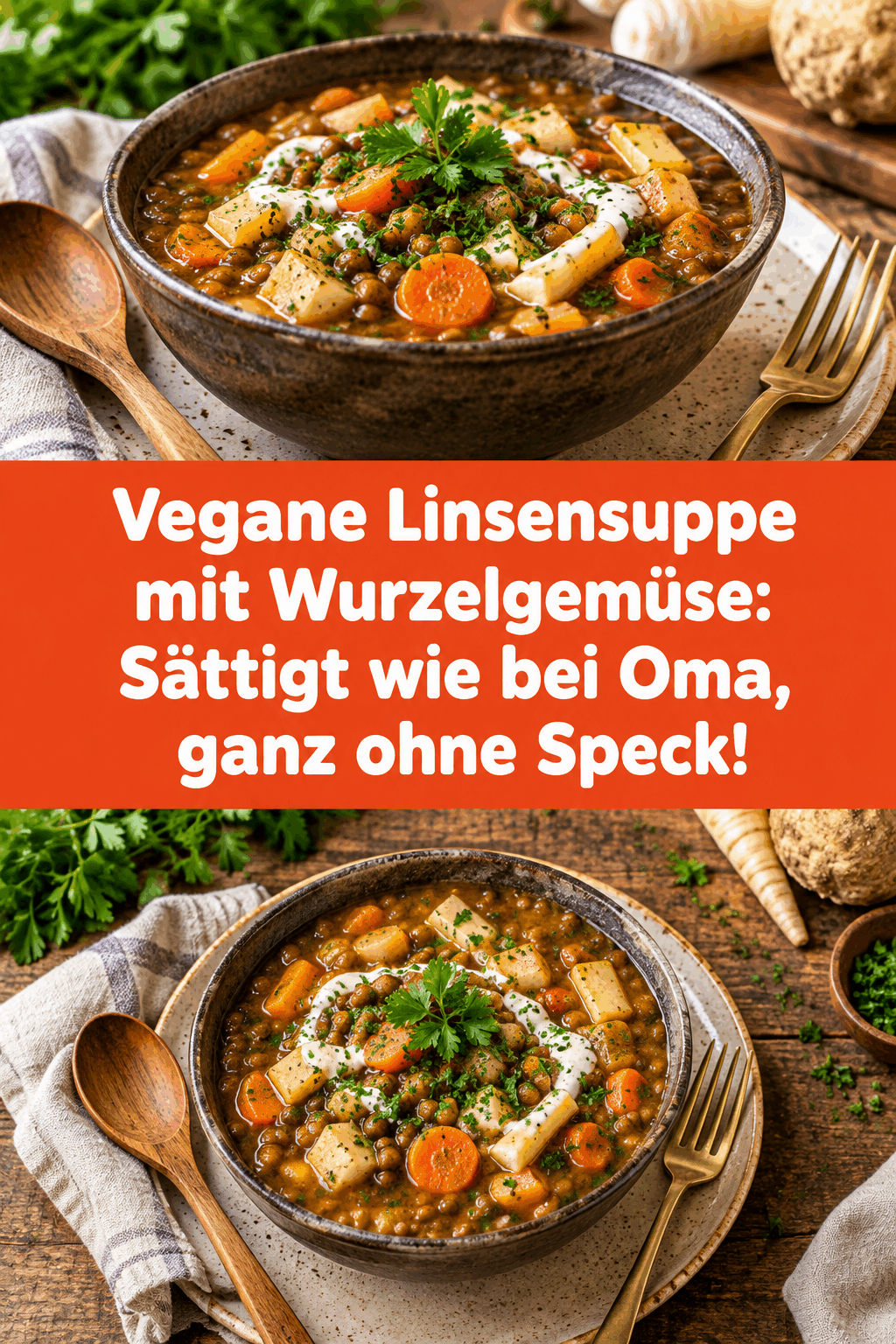 Vegane Linsensuppe mit Wurzelgemüse: Sättigt wie bei Oma, ganz ohne Speck!