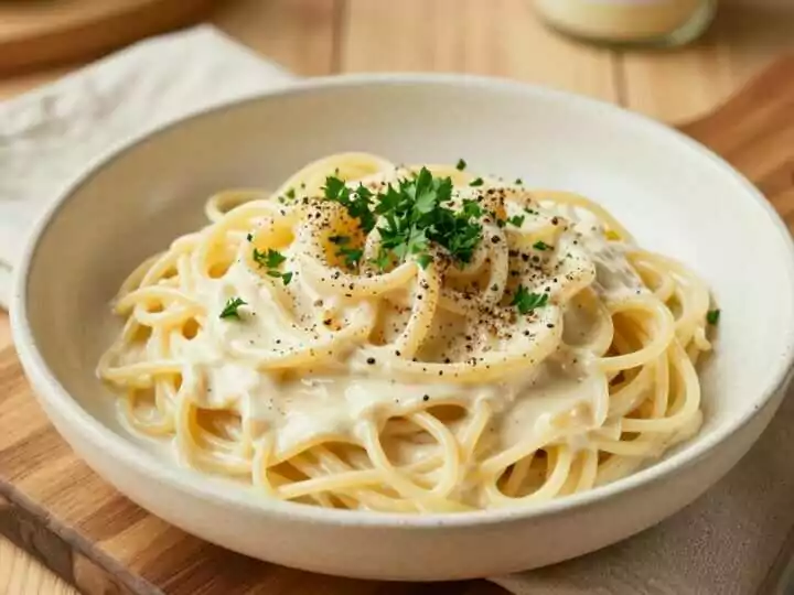 Vegane Nudeln mit Cashew-Sahnesoße: Eingeweicht, püriert, in 20 Minuten!