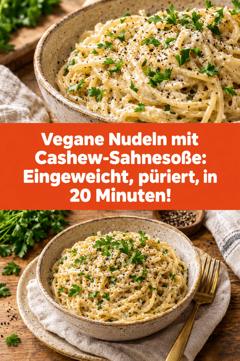 Vegane Nudeln mit Cashew-Sahnesoße: Eingeweicht, püriert, in 20 Minuten!