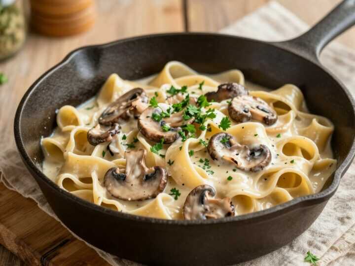 Vegane Nudeln mit Champignon-Rahmsoße: 400 g Pilze, Hafersahne, 20 Minuten!