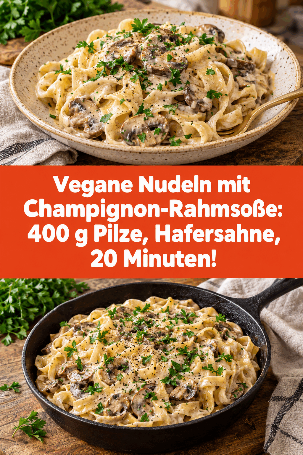 Vegane Nudeln mit Champignon-Rahmsoße: 400 g Pilze, Hafersahne, 20 Minuten!