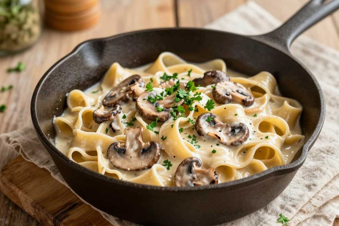 Vegane Nudeln mit Champignon-Rahmsoße: 400 g Pilze, Hafersahne, 20 Minuten!