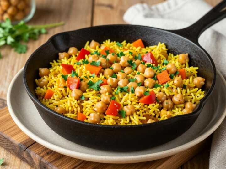 Vegane Pfanne mit Reis und Kichererbsen: Reste vom Vortag, 15 Minuten!