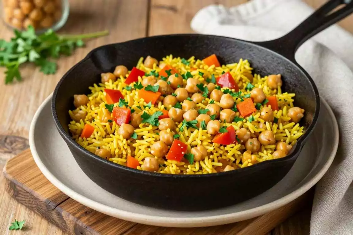 Vegane Pfanne mit Reis und Kichererbsen: Reste vom Vortag, 15 Minuten!