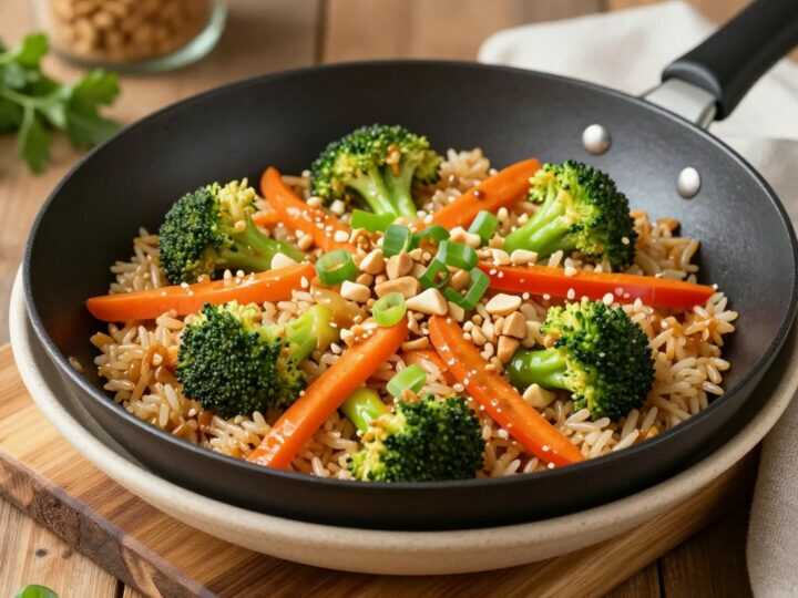 Vegane Reispfanne mit Gemüse und Erdnusssoße: Ein Wok, 20 Minuten!