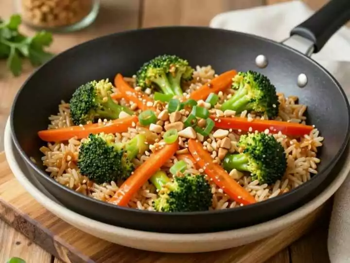 Vegane Reispfanne mit Gemüse und Erdnusssoße: Ein Wok, 20 Minuten!