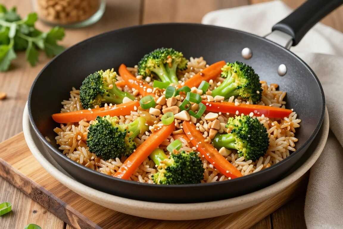 Vegane Reispfanne mit Gemüse und Erdnusssoße: Ein Wok, 20 Minuten!