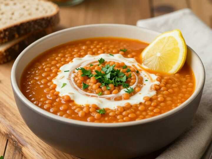 Vegane Rote-Linsen-Suppe mit Tomaten: 300 g Linsen, in 25 Minuten fertig!