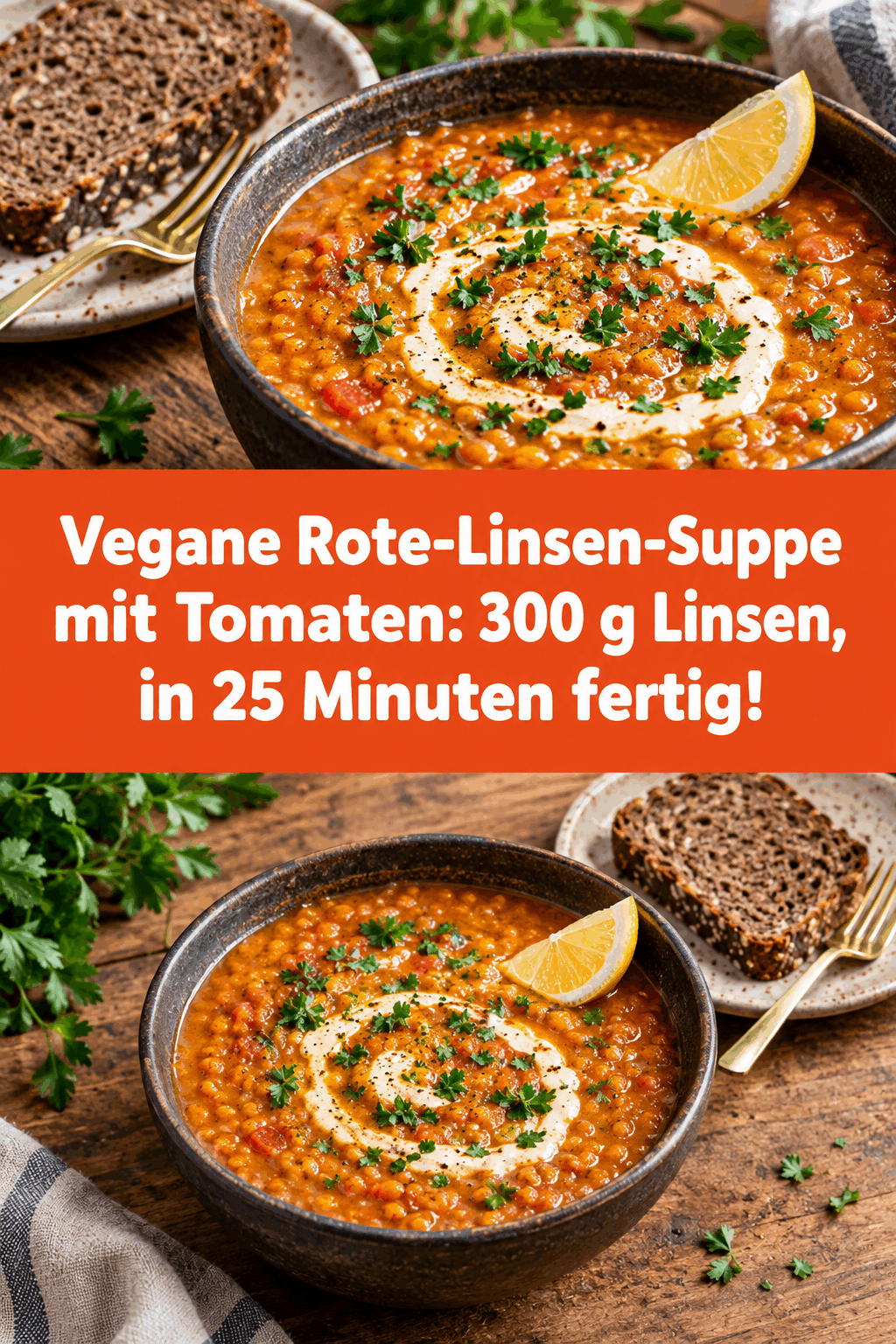 Vegane Rote-Linsen-Suppe mit Tomaten: 300 g Linsen, in 25 Minuten fertig!