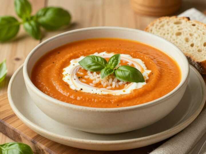 Vegane Tomatensuppe mit Reis: Sämig ohne Sahne, für sechs Teller!