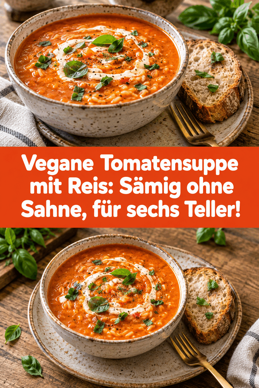 Vegane Tomatensuppe mit Reis: Sämig ohne Sahne, für sechs Teller!