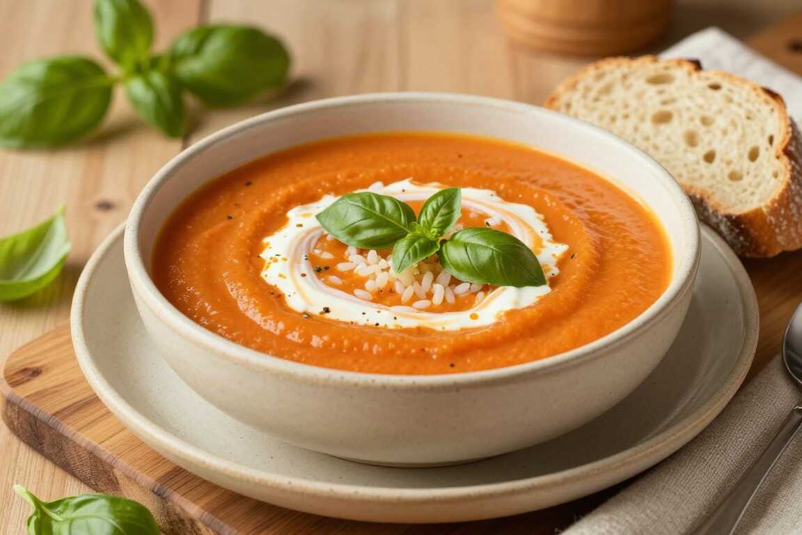 Vegane Tomatensuppe mit Reis: Sämig ohne Sahne, für sechs Teller!