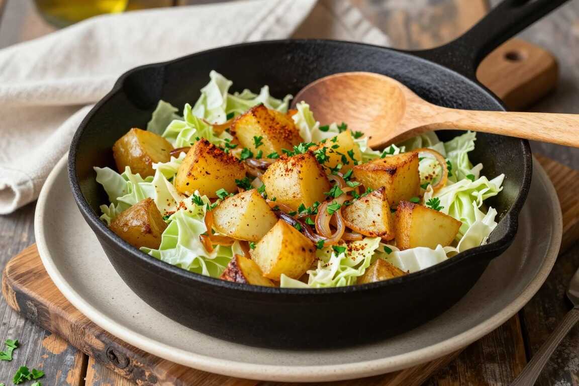Vegane Wirsing-Pfanne mit Kartoffeln: Deftig ohne Mettwurst, 30 Minuten!