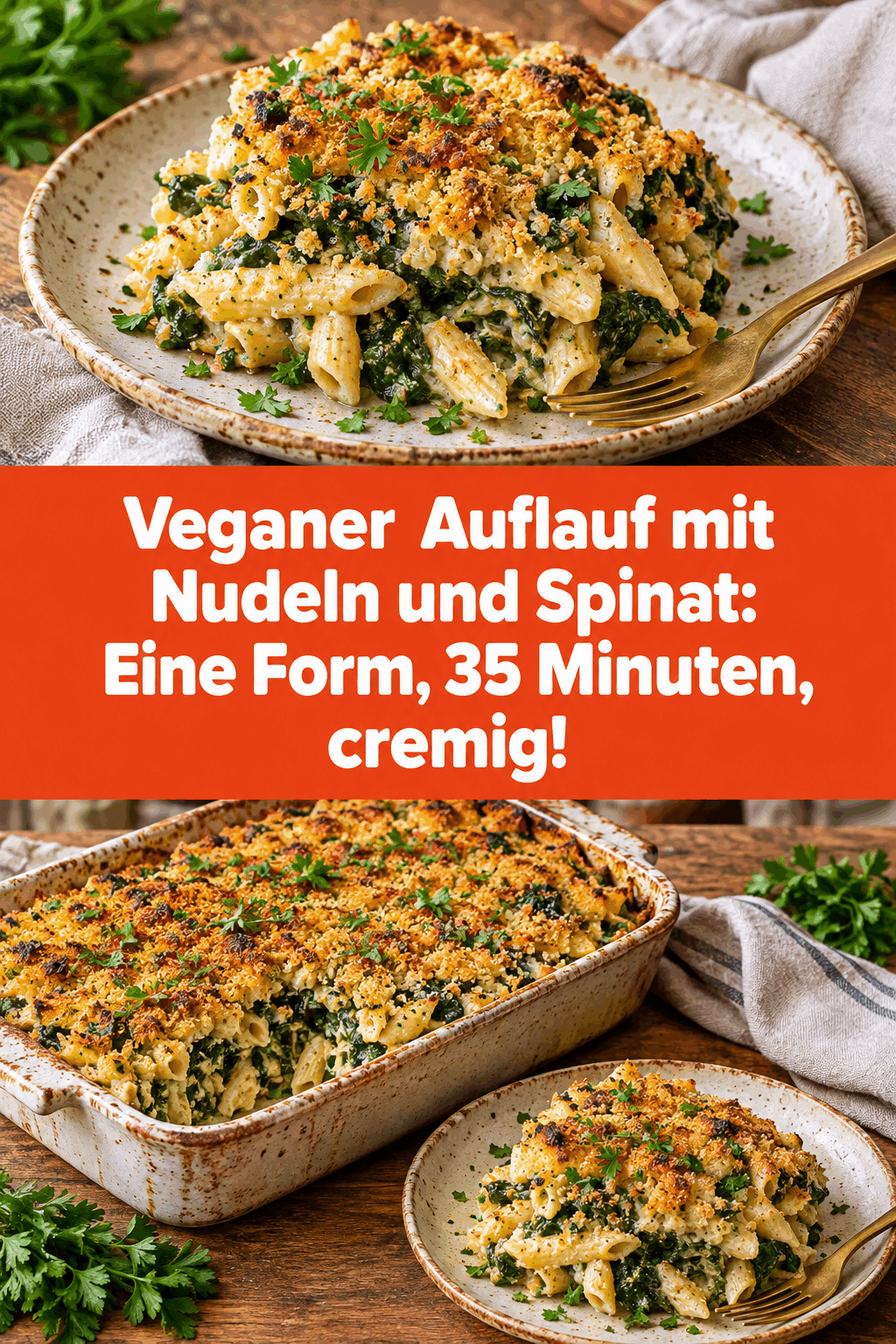 Veganer Auflauf mit Nudeln und Spinat: Eine Form, 35 Minuten, cremig!
