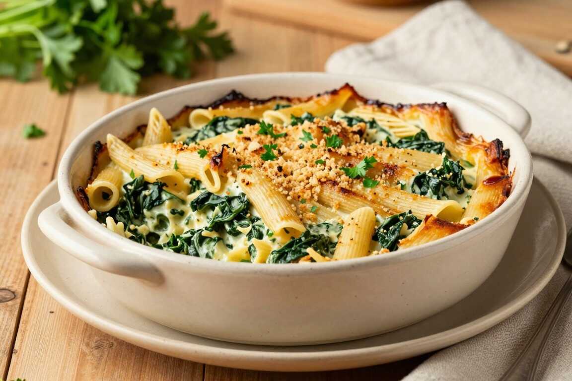 Veganer Auflauf mit Nudeln und Spinat: Eine Form, 35 Minuten, cremig!