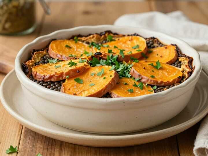 Veganer Auflauf mit Süßkartoffeln und Linsen: Zwei Schichten, 45 Minuten!