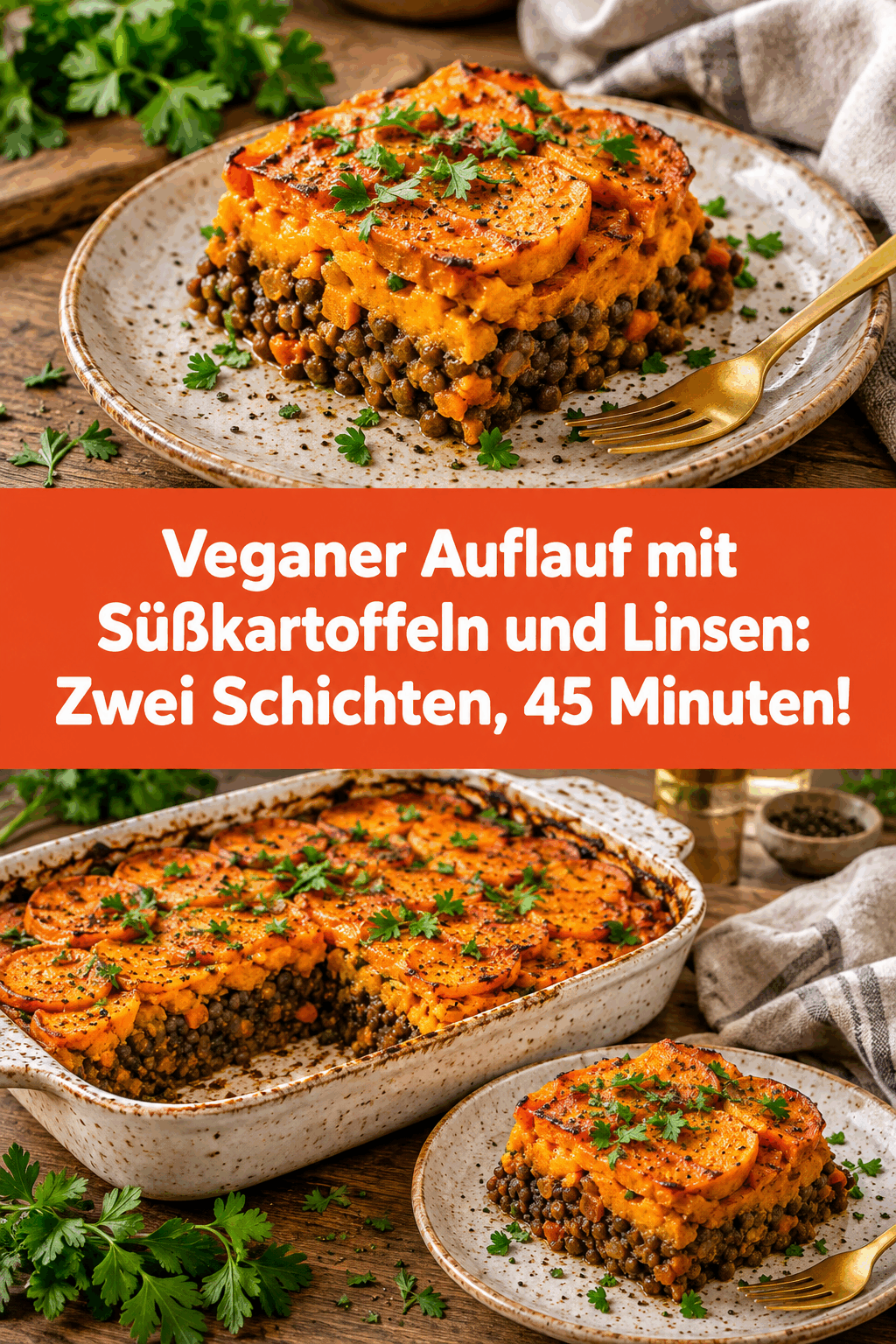 Veganer Auflauf mit Süßkartoffeln und Linsen: Zwei Schichten, 45 Minuten!