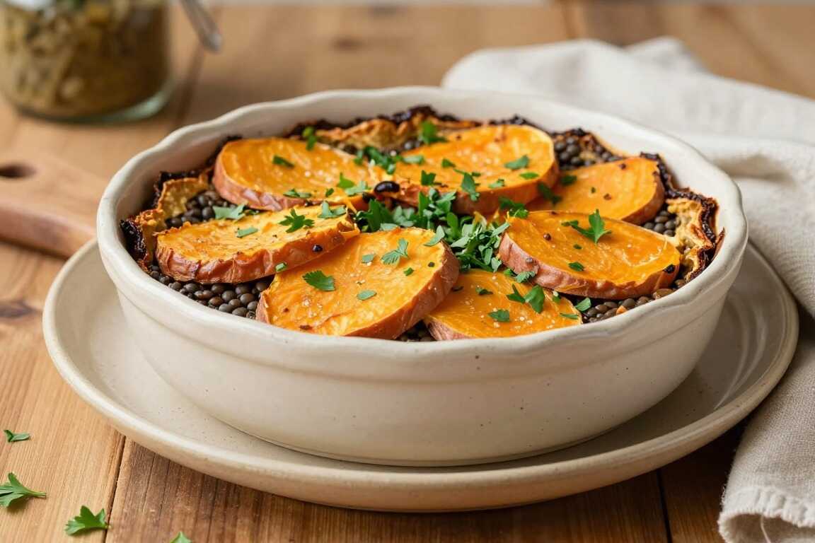 Veganer Auflauf mit Süßkartoffeln und Linsen: Zwei Schichten, 45 Minuten!