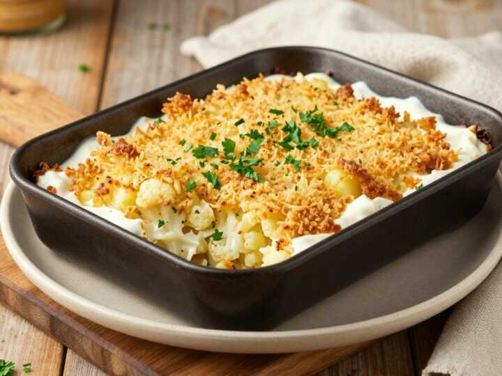 Veganer Blumenkohl-Auflauf mit Kartoffelkruste: Ein Blech, 40 Minuten Ofen!