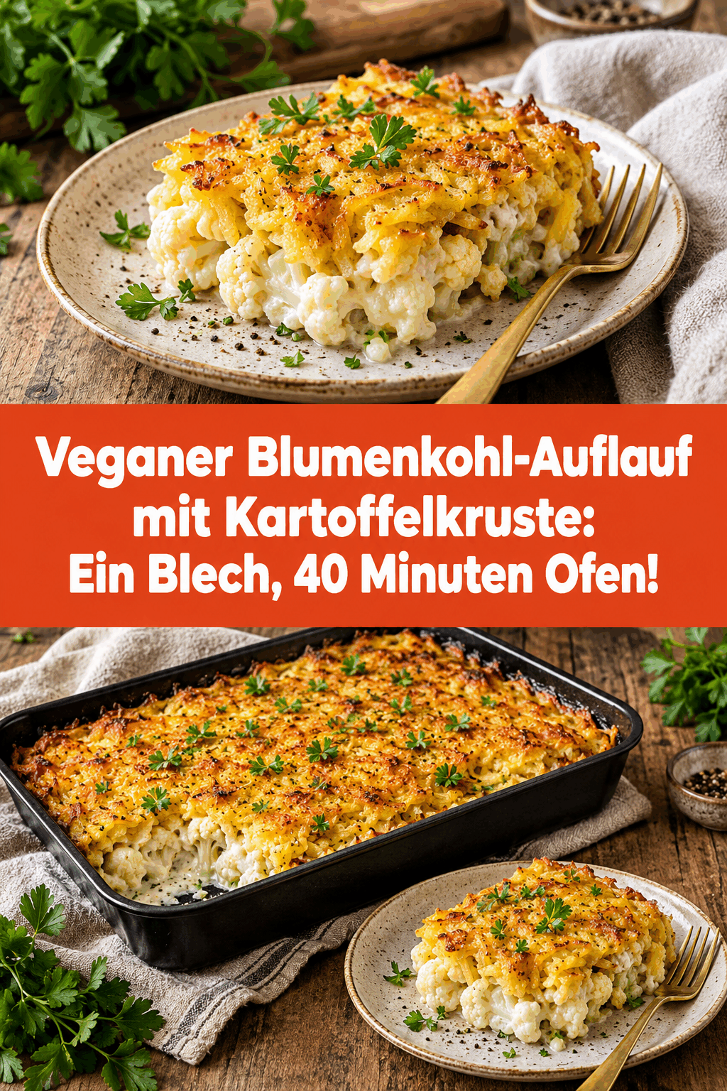 Veganer Blumenkohl-Auflauf mit Kartoffelkruste: Ein Blech, 40 Minuten Ofen!