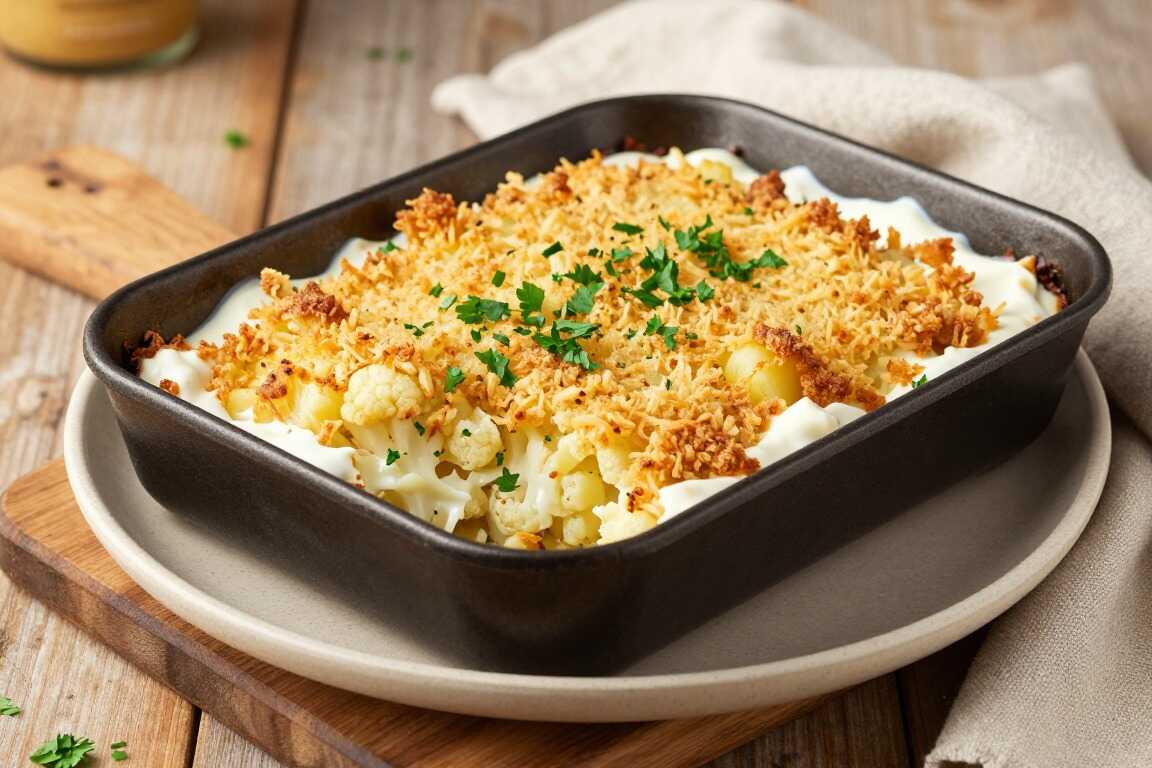 Veganer Blumenkohl-Auflauf mit Kartoffelkruste: Ein Blech, 40 Minuten Ofen!