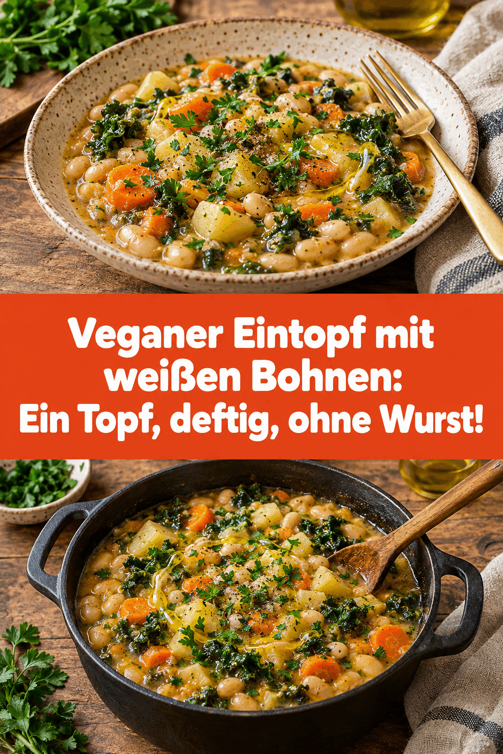 Veganer Eintopf mit weißen Bohnen: Ein Topf, deftig, ohne Wurst!