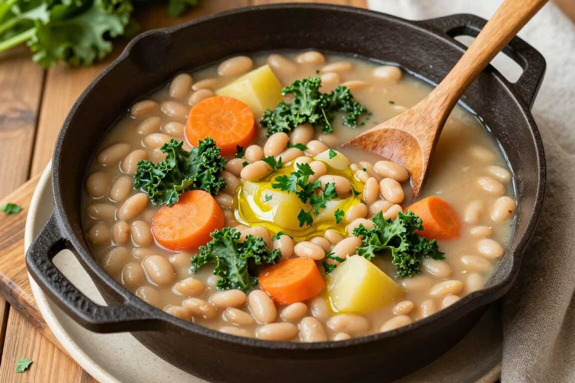 Veganer Eintopf mit weißen Bohnen: Ein Topf, deftig, ohne Wurst!