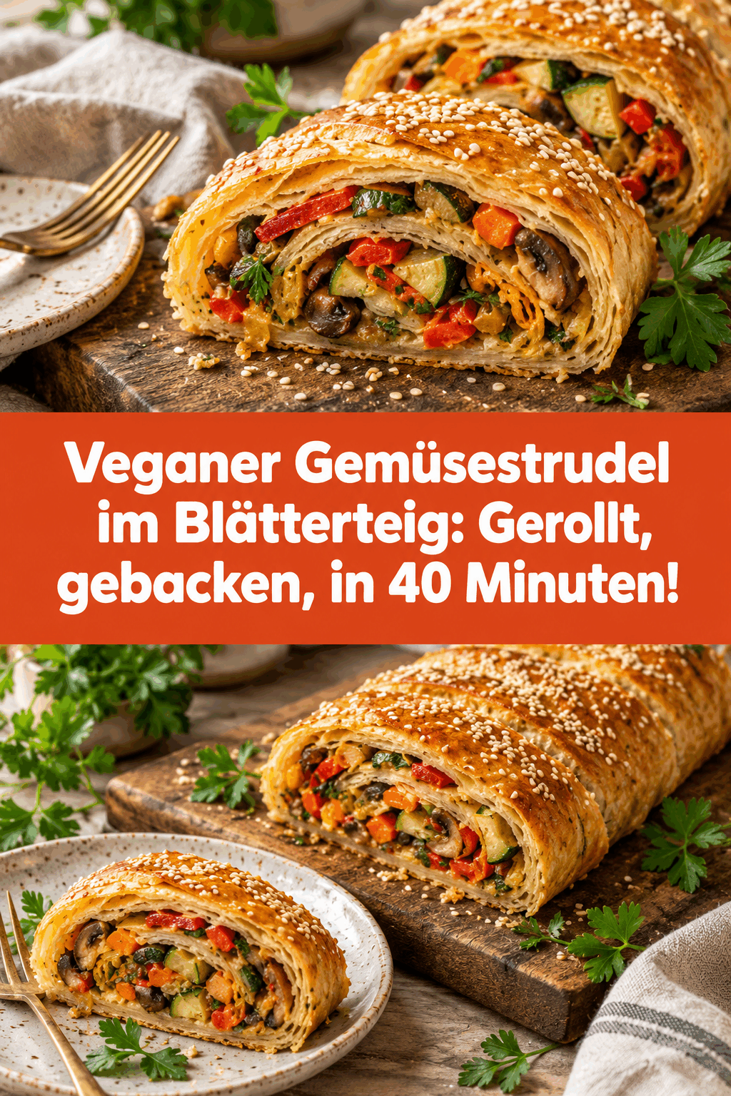 Veganer Gemüsestrudel im Blätterteig: Gerollt, gebacken, in 40 Minuten!