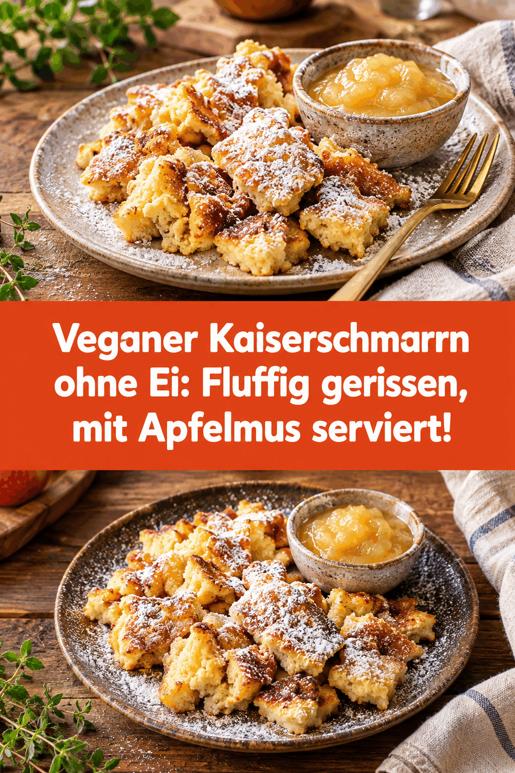 Veganer Kaiserschmarrn ohne Ei: Fluffig gerissen, mit Apfelmus serviert!