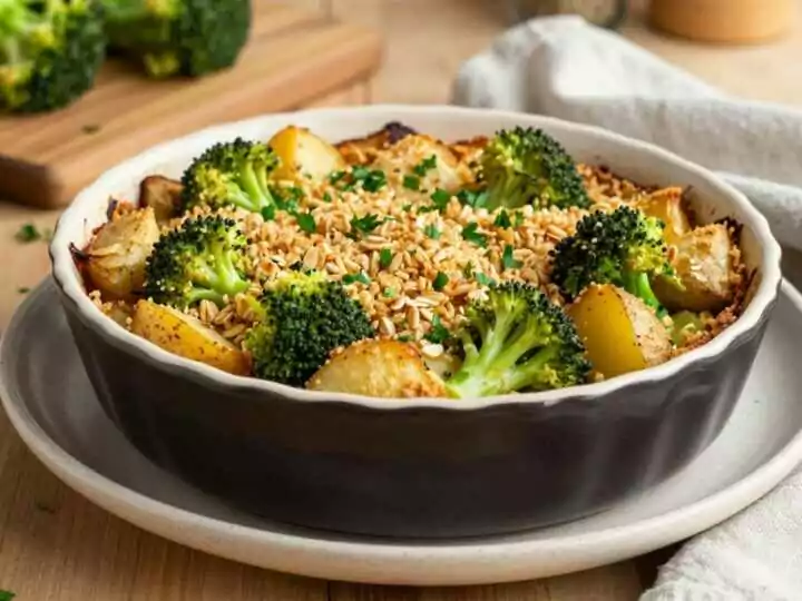 Veganer Kartoffelauflauf mit Brokkoli: 1 kg Kartoffeln, Hafersahne, ein Ofengang!