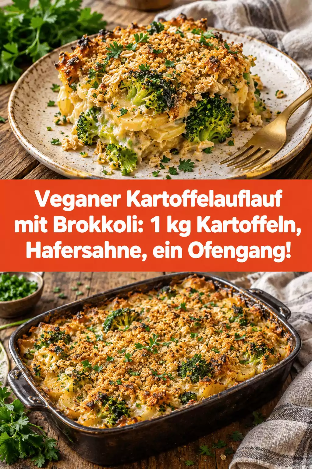 Veganer Kartoffelauflauf mit Brokkoli: 1 kg Kartoffeln, Hafersahne, ein Ofengang!