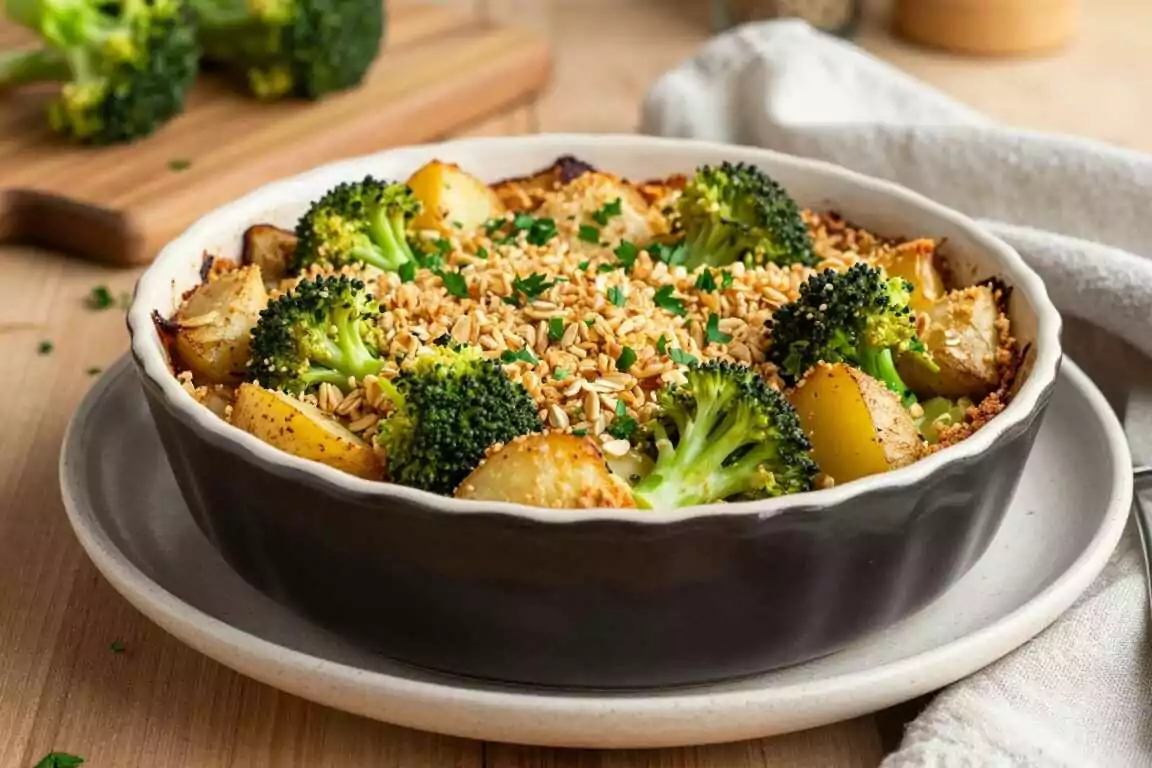 Veganer Kartoffelauflauf mit Brokkoli: 1 kg Kartoffeln, Hafersahne, ein Ofengang!