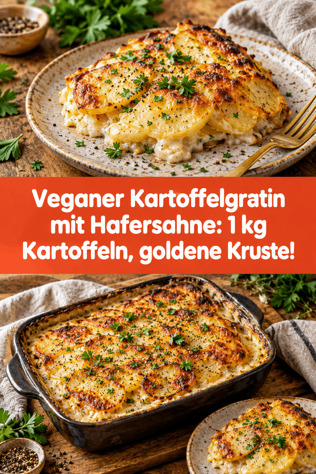 Veganer Kartoffelgratin mit Hafersahne: 1 kg Kartoffeln, goldene Kruste!