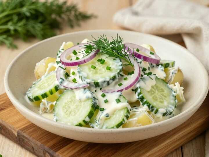 Veganer Kartoffelsalat mit Gurke: Ohne Ei, ohne Mayonnaise, trotzdem cremig!
