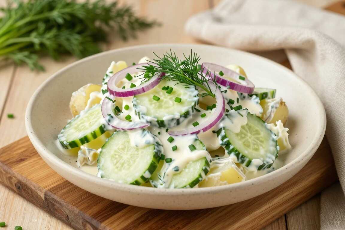 Veganer Kartoffelsalat mit Gurke: Ohne Ei, ohne Mayonnaise, trotzdem cremig!