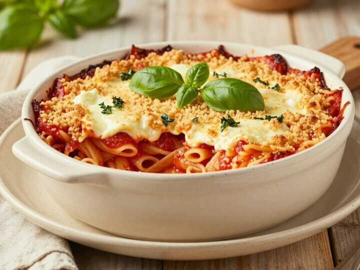 Veganer Nudelauflauf mit Tomaten und Mandelcreme: Goldene Kruste ohne Käse!