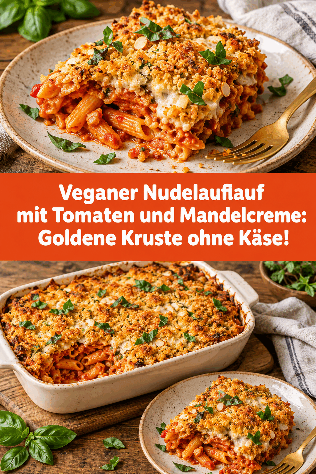 Veganer Nudelauflauf mit Tomaten und Mandelcreme: Goldene Kruste ohne Käse!