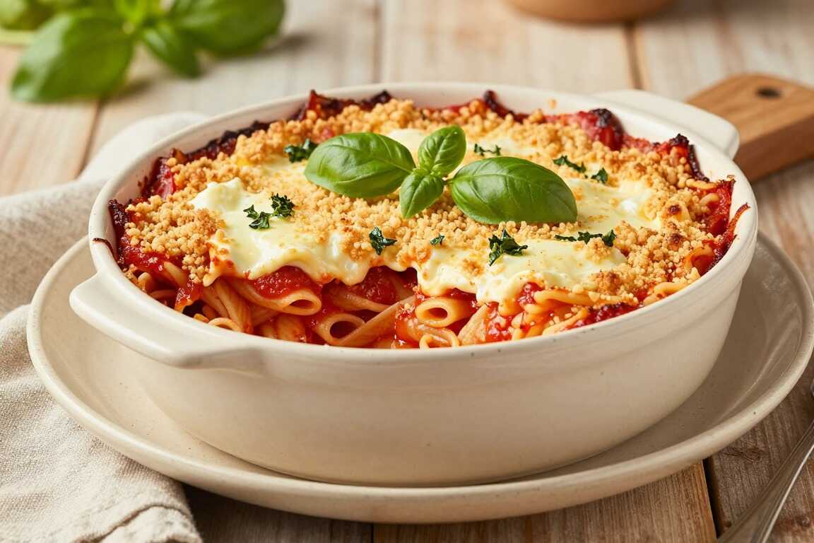 Veganer Nudelauflauf mit Tomaten und Mandelcreme: Goldene Kruste ohne Käse!