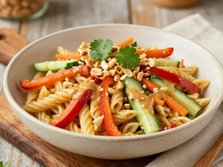 Veganer Nudelsalat mit Erdnusssoße: Kalt serviert, für das Buffet!