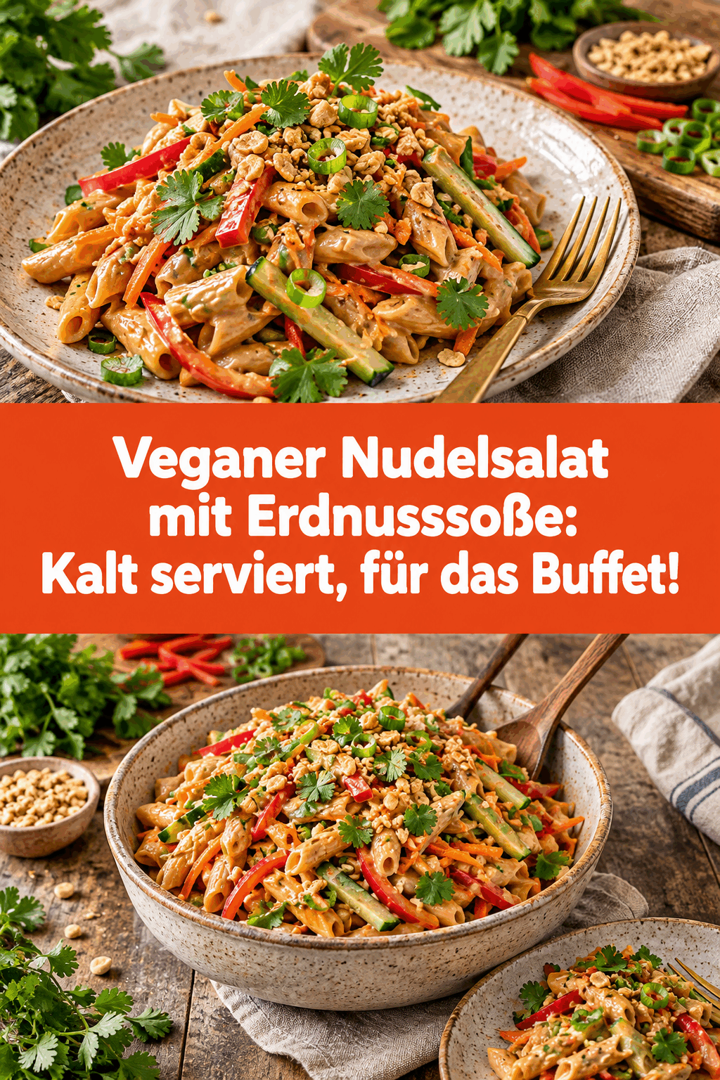 Veganer Nudelsalat mit Erdnusssoße: Kalt serviert, für das Buffet!