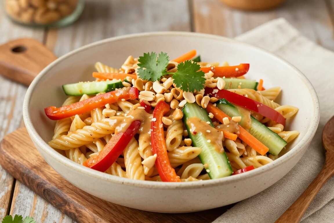 Veganer Nudelsalat mit Erdnusssoße: Kalt serviert, für das Buffet!