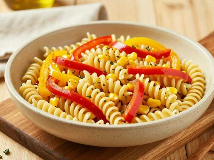 Veganer Nudelsalat mit Paprika und Mais: Fünf Zutaten, für das Büro!